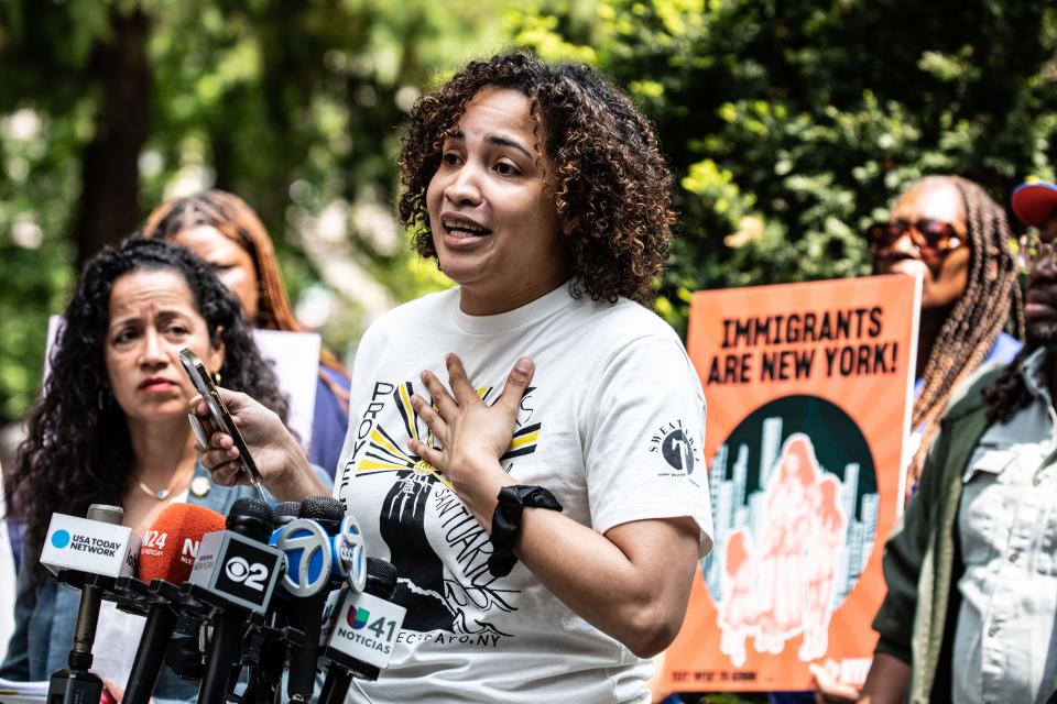 Nelcy Garcia De Leon, Co-Chair of Proyecto Faro, an immigrant advocacy organization based in Stony Point, speaks during a press conference near City Hall in Manhattan May 11, 2023. New York City elected officials, along with immigrant advocates from the lower Hudson Valley spoke about the need to coordinate efforts to aid asylum seekers and migrants as Title 42 came to end on Thursday. De Leon also condemned remarks by Rockland County Executive Ed Day, calling them xenophobic.