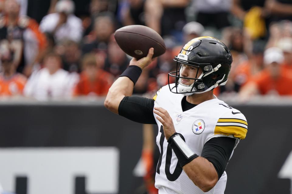 Pittsburgh Steelers quarterback Mitch Trubisky (10) throws during the second half of an NFL football game against the Cincinnati Bengals, Sunday, Sept. 11, 2022, in Cincinnati. (AP Photo/Joshua A. Bickel)