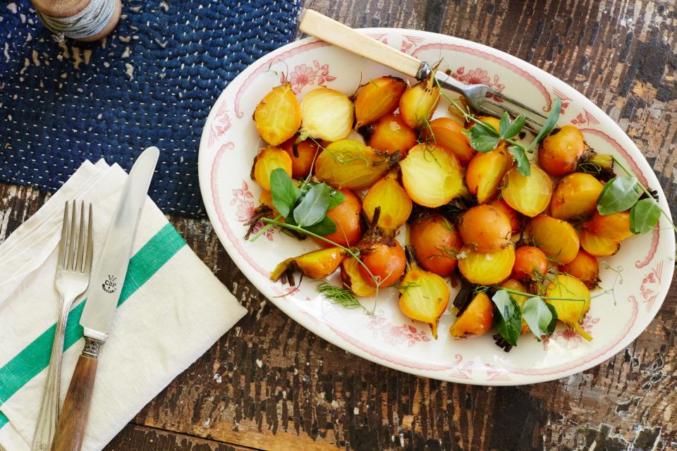 Roasted Golden Beet Salad with Pea Shoots and Fennel Fronds