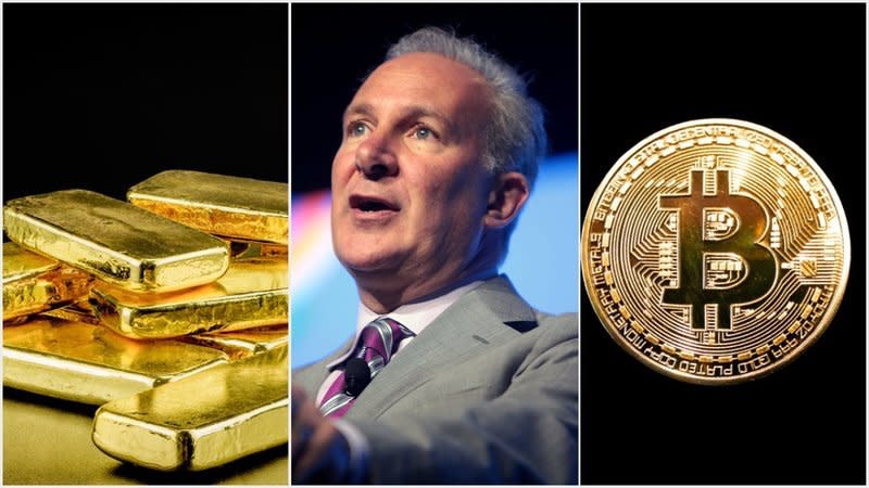 Despite gold and silver still trading way below their 2011 peaks, incorrigible bull Peter Schiff is promoting metals while slamming bitcoin as a scheme. | Source: (i) Shutterstock (ii) Flickr/Gage Skidmore (iii) Shutterstock; Edited by CCN