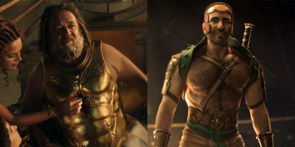 Russell Crowe as Zeus and Brett Goldstein as Hercules in "Thor: Love and Thunder."