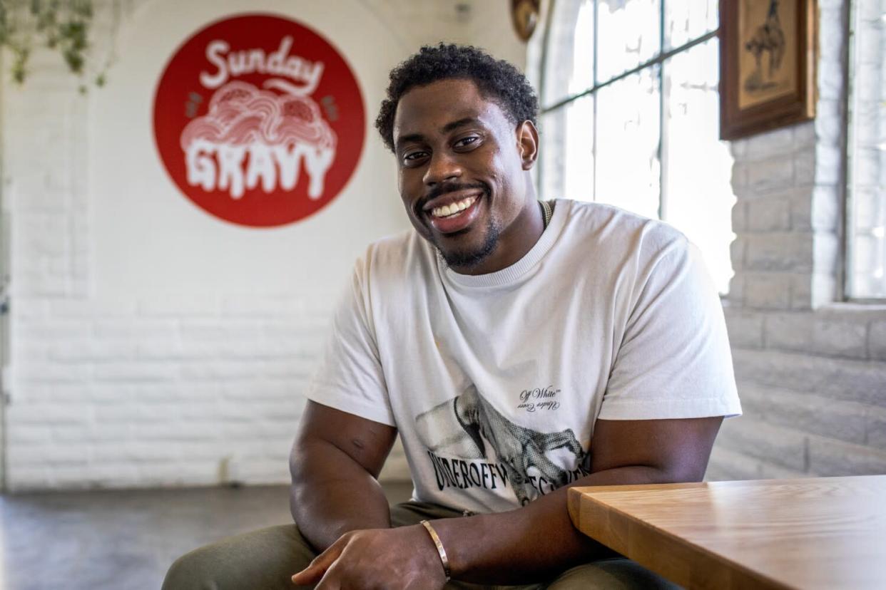 Sebastian Joseph-Day, Los Angeles Rams&#39; nose tackle and host of the food show &quot;Dine N Bash.&quot;