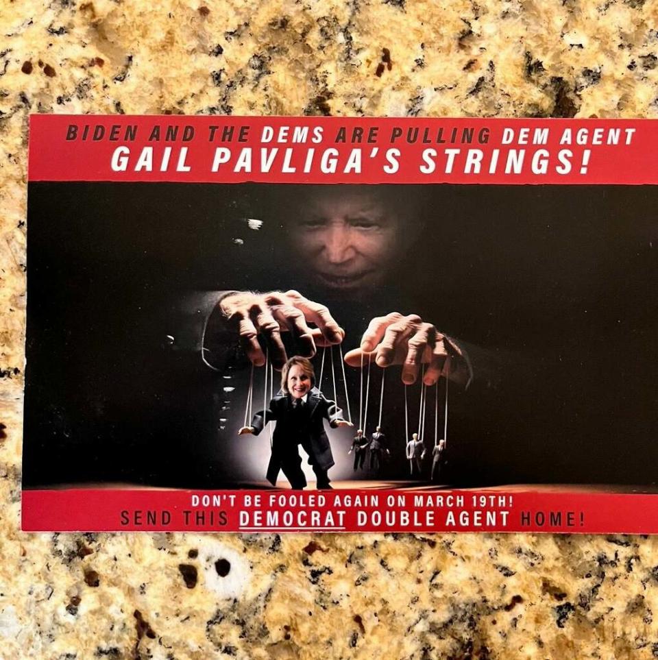 This mailer, sent to the home of State Rep. Gail Pavliga, is from a group seeking to oust her from office. Pavliga claims an "out of state dark money" group is "trying to buy my seat."