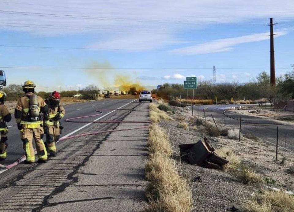 On Feb. 14, 2023, a truck carrying hazardous materials crashed on busy Interstate 10 outside Tucson, Ariz., killing the driver and forcing an interstate shutdown and evacuations. <a href="https://newsroom.ap.org/detail/HazardousMaterialSpillArizona/61ced1f7e384497f999aa0b546e2a675/photo" rel="nofollow noopener" target="_blank" data-ylk="slk:Arizona Department of Public Safety via AP;elm:context_link;itc:0;sec:content-canvas" class="link ">Arizona Department of Public Safety via AP</a>