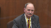 In this image taken from video witness Dr. Bill Smock, a Louisville physician in forensic medicine testifies as Hennepin County Judge Peter Cahill presides Thursday, April 8, 2021, in the trial of former Minneapolis police Officer Derek Chauvin at the Hennepin County Courthouse in Minneapolis, Minn. Chauvin is charged in the May 25, 2020 death of George Floyd. (Court TV via AP, Pool)