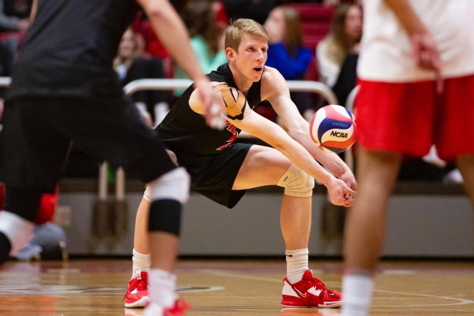 Ball State men's volleyball's Kaleb Jenness in the team's MIVA championship match against Ohio State in Worthen Arena on Saturday, April 22, 2023.