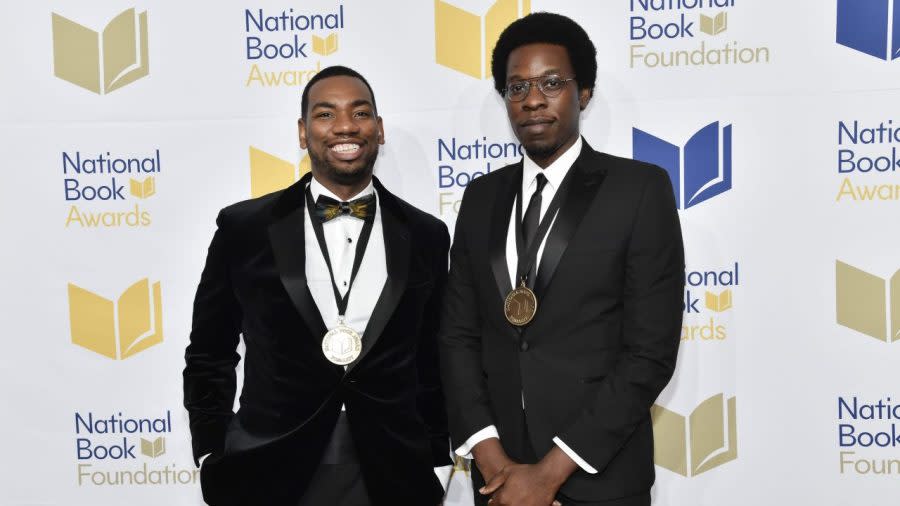 (Left to right) Robert Samuels and Toluse Olorunnipa attend the 73rd National Book Awards at Cipriani Wall Street in November 2022 in New York. The two acclaimed journalists remain confused and unsure who’s to blame after receiving last-minute word they could not read from their Pulitzer Prize-winning book, “His Name Is George Floyd,” while visiting a Memphis high school. (Photo by Evan Agostini/Invision/AP)