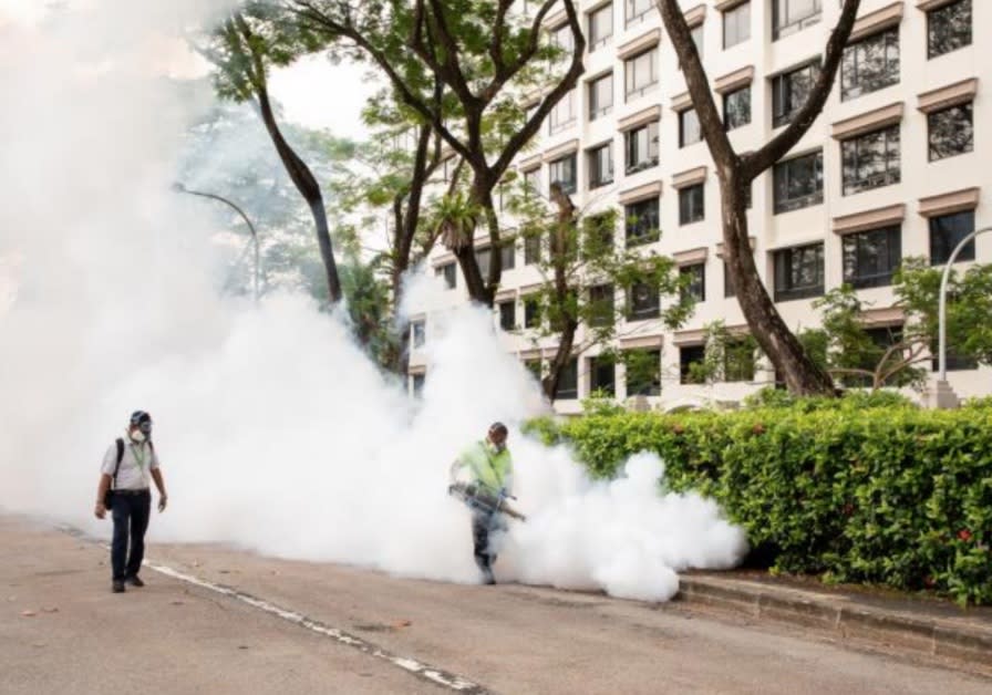 NEA officers conducting fogging at the Woodleigh Close dengue cluster. (PHOTO: National Environment Agency)