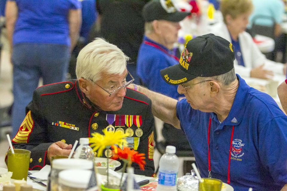 The VFW Veterans Village opened in October 1991. This file photo from 2016 shows Marine Master Gunnery Sgt. Ralph Hoffman, left, talking with Marine Vet Milton Shapiro at the facility.