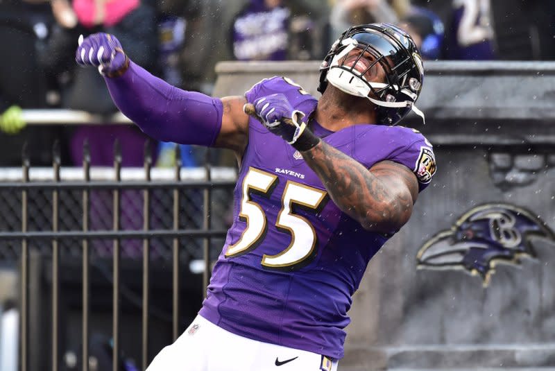 Former linebacker Terrell Suggs is the Baltimore Ravens' all-time sack leader. File Photo by David Tulis/UPI