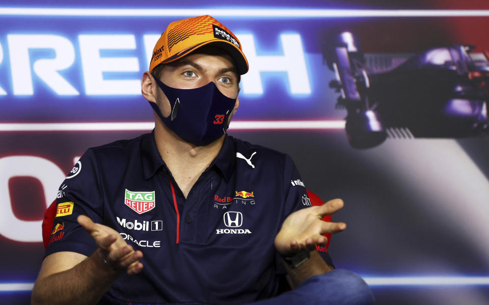 Red Bull driver Max Verstappen of the Netherlands attends a media conference ahead of the Austrian Formula One Grand Prix at the Red Bull Ring racetrack in Spielberg, Austria, Thursday, July 1, 2021. (Clive Rose/Pool Photo via AP)