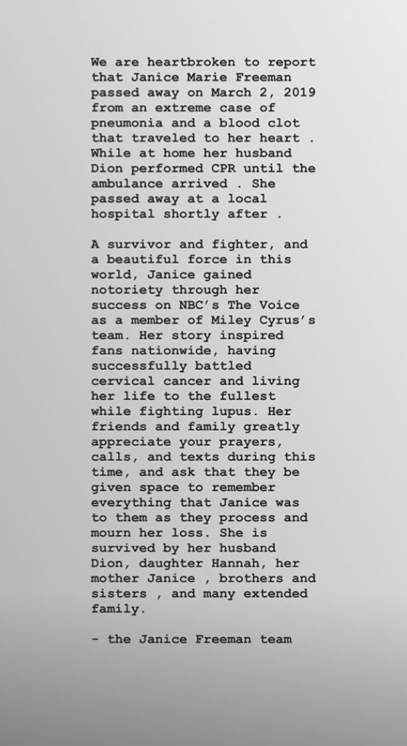 Message posted on Janice Freeman’s Instagram. (Instagram)