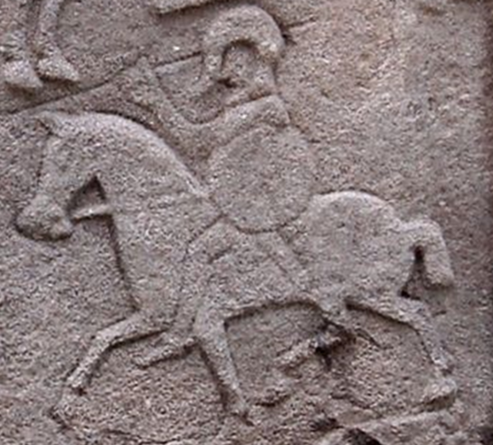 A rare image of a mounted high status (potentially royal) dark age warrior, portrayed on a sculpture from Aberlemno, Scotland (Wikimedia)