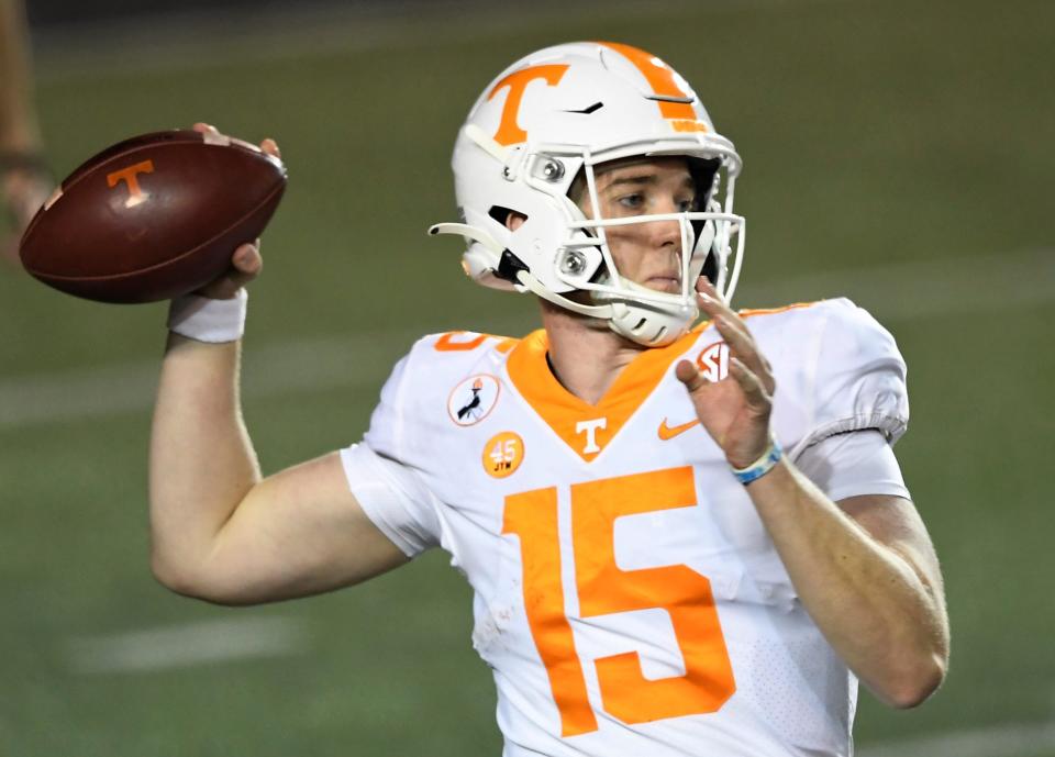 Tennessee quarterback Harrison Bailey (15) throws a pass during the third quarter at Vanderbilt Stadium Saturday, Dec. 12, 2020 in Nashville, Tenn. 