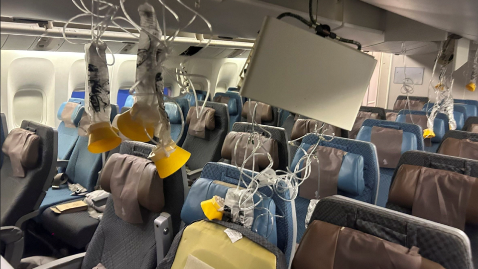 The interior of Singapore Airline flight SG321 is pictured after an emergency landing at Bangkok"s Suvarnabhumi International Airport, Thailand, May 21, 2024.