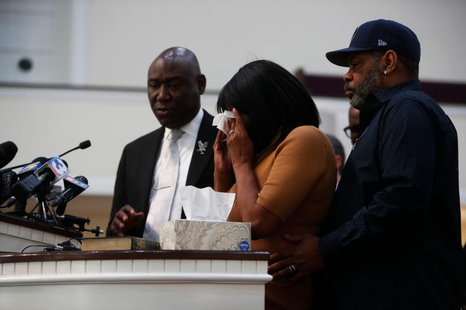 Mother of Tyre Nichols, RowVaughn Wells, sheds tears at a press conference for Tyre Nichols on Jan. 27, 2023 at Mt. Olive Cathedral CME Church in Memphis, TN. 