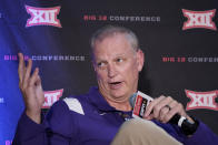 Kansas State women's head coach Jeff Mittie speaks during the Big 12 NCAA college basketball media days Tuesday, Oct. 19, 2021, in Kansas City, Mo. (AP Photo/Ed Zurga)