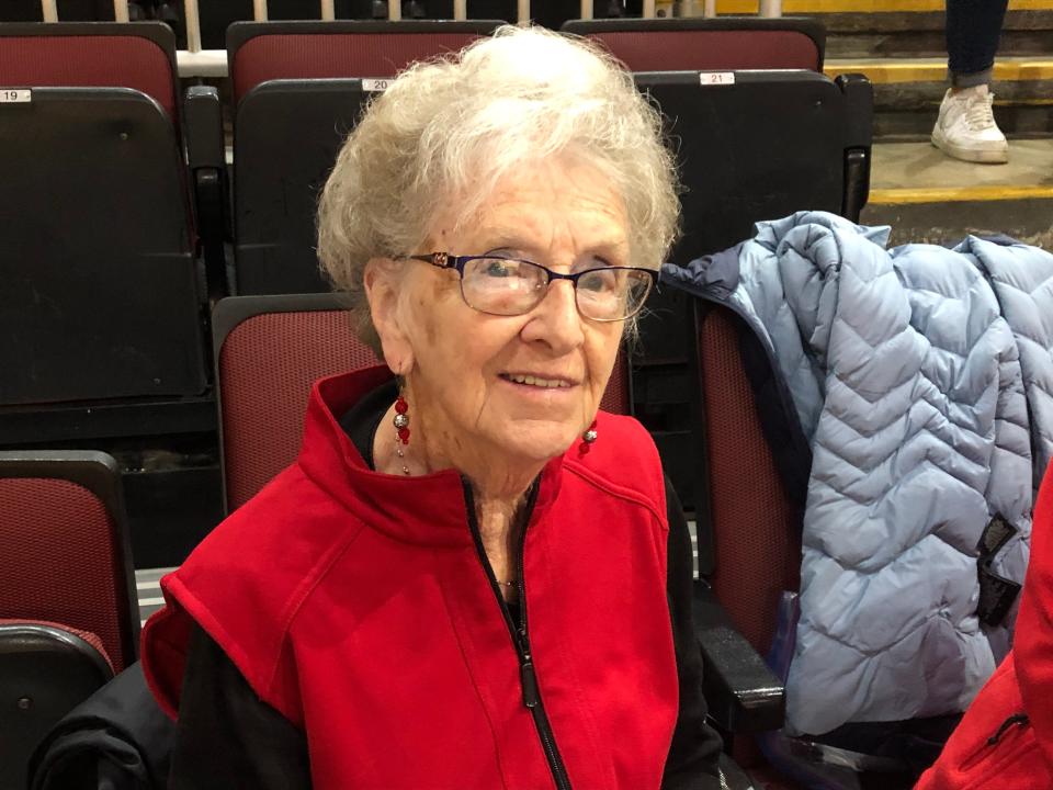 Betty Volturno spent her 100th birthday at the Bradley vs. Maine game in Carver Arena on Saturday, Nov. 27, 2021. She's been a regular BU attendee since 1960.