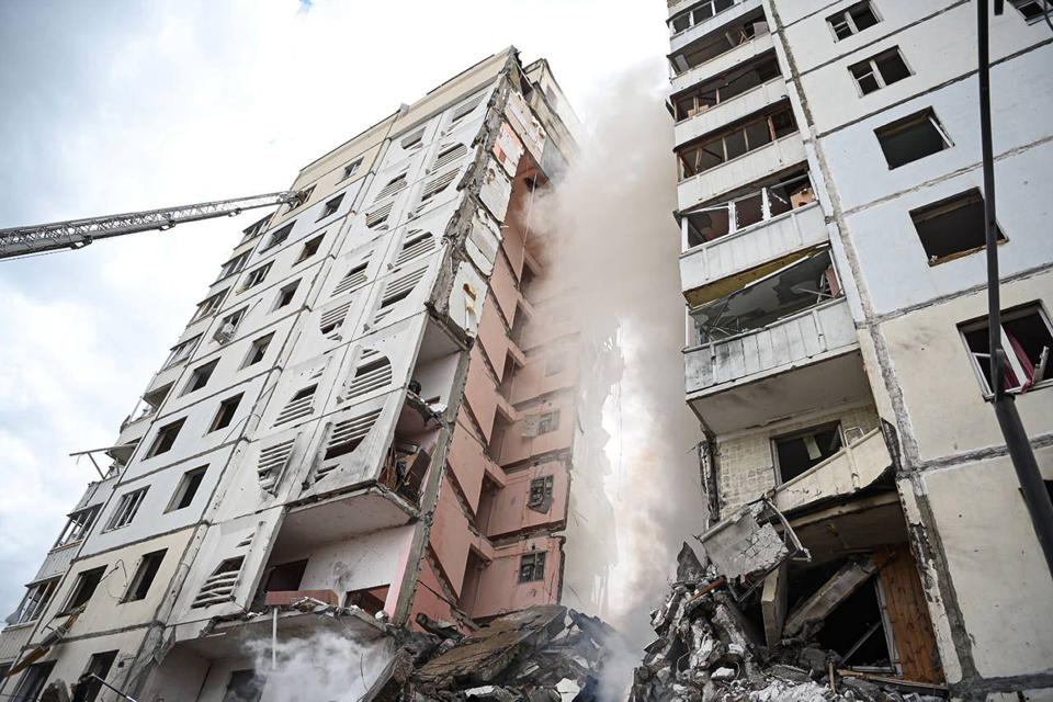 In this photo released by Belgorod regional governor Vyacheslav Gladkov's Telegram channel on Sunday, May 12, 2024, a view of a partially collapsed block of flats after a missile attack by the Ukrainian Armed Forces in the Russian city of Belgorod, Russia. In a statement, Russia's Investigative Committee, the country's top law enforcement agency, said that the 10-story block had been hit by Ukrainian shelling. (Belgorod Region Governor Vyacheslav Gladkov Telegram channel via AP)