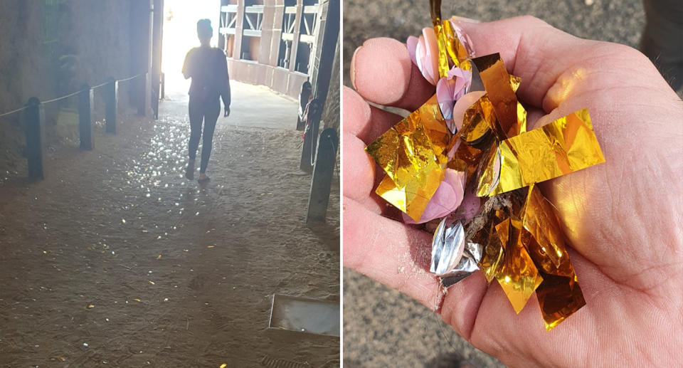 Confetti throughout the Fremantle tunnel and crumpled in the man's hand. 