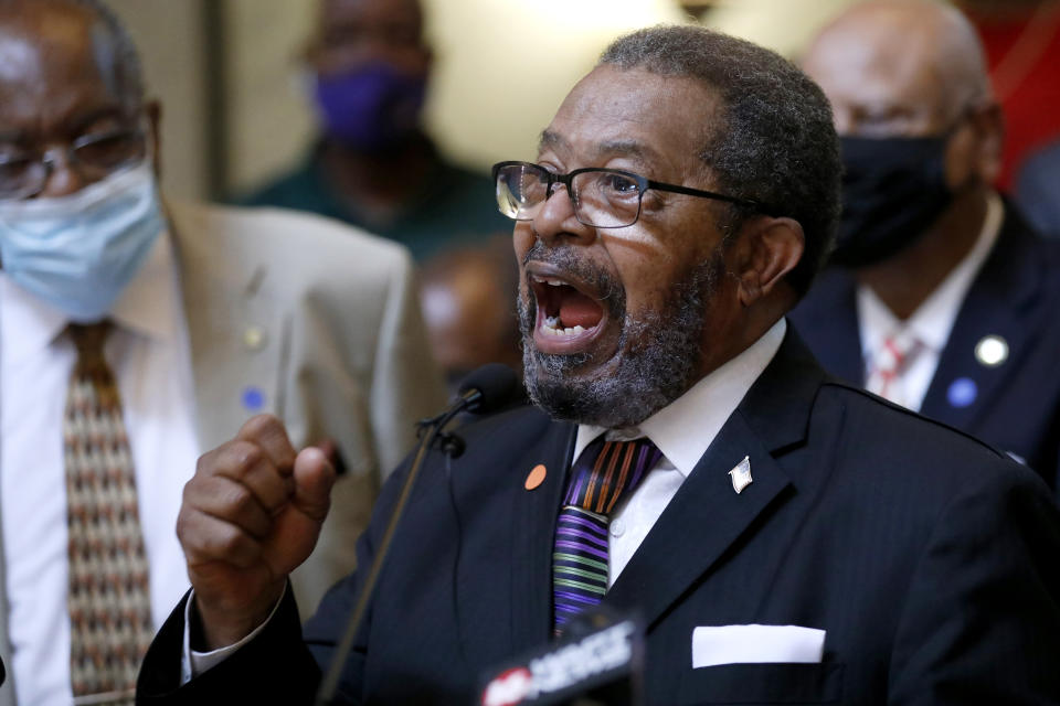 CORRECTS SPELLING OF NAME TO ISIAC NOT ISAAC General Missionary Baptist State Convention of Mississippi president Rev. Isiac Jackson calls for a change in the Mississippi state flag, Thursday, June 25, 2020, during a news conference at the Capitol in Jackson, Miss. A large number of Black pastors lobbied their legislators, calling on them to strike the current flag. The current flag has in the canton portion of the banner the design of the Civil War-era Confederate battle flag, that has been the center of a long-simmering debate about its removal or replacement. (AP Photo/Rogelio V. Solis)