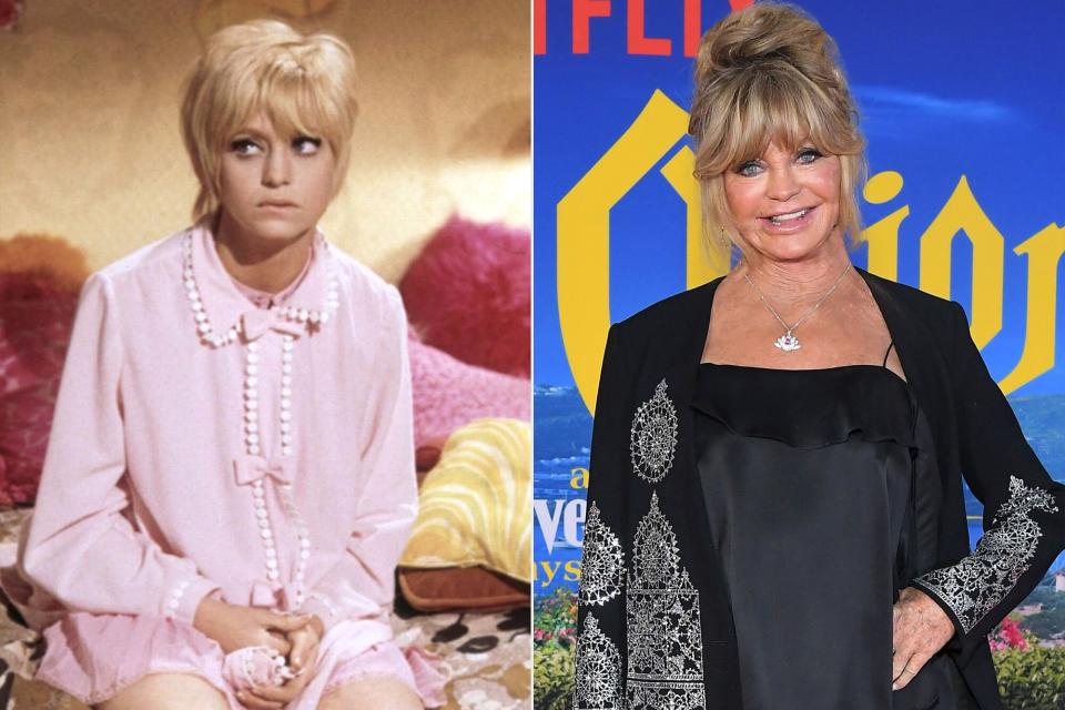 Goldie Hawn in 1969's Cactus Flower; Goldie Hawn attends Netflix's "Glass Onion: A Knives Out Mystery" U.S. premiere at Academy Museum of Motion Pictures on November 14, 2022 in Los Angeles, California.