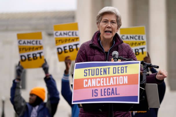 PHOTO: Sen. Elizabeth Warren speaks at a rally for student debt relief as advocates gather outside the Supreme Court, Feb. 28, 2023. (Patrick Semansky/AP)