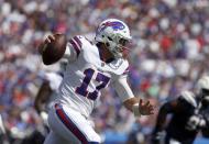 Sep 16, 2018; Orchard Park, NY, USA; Buffalo Bills quarterback Josh Allen (17) looks to throw a pass during the first half against the Los Angeles Chargers at New Era Field. Mandatory Credit: Timothy T. Ludwig-USA TODAY Sports