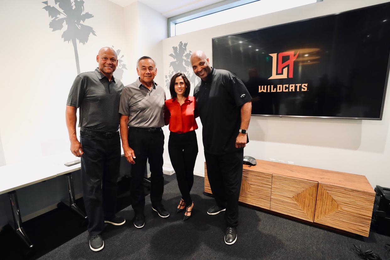 (From left to right) Los Angeles Wildcats wide receiver coach Mike Wilson, offensive coordinator Norm Chow, team president Heather Brooks Karatz and head coach Winston Moss. (Photo courtesy Will Navarro) 