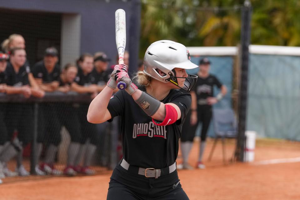 MIAMI, FLORIDA - FEBRUARY 9: Ohio State Softball against Stony Brook at Felsberg Field on February 9, 2024 in Miami, Florida. (Photo by Eric Espada/Ohio State Athletics)