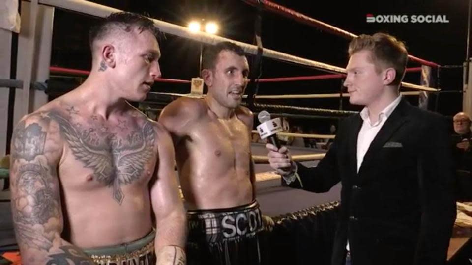 Scott Westgarth (centre) with Dec Spelman during his final interview (<strong>Picture: Boxing Socia</strong>l)