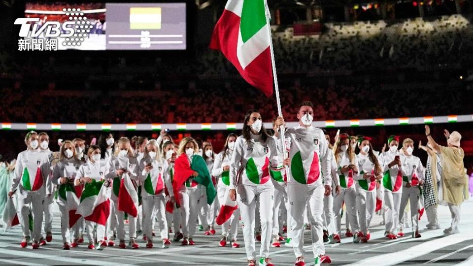 東京奧運開幕式上，義大利代表隊進場。（圖／達志影像美聯社）