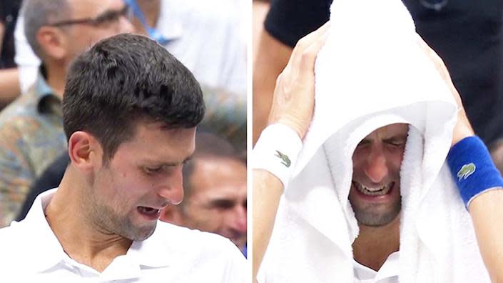 Novak Djokovic is seen here breaking down in tears during his loss to Daniil Medvedev in the US Open men's final.