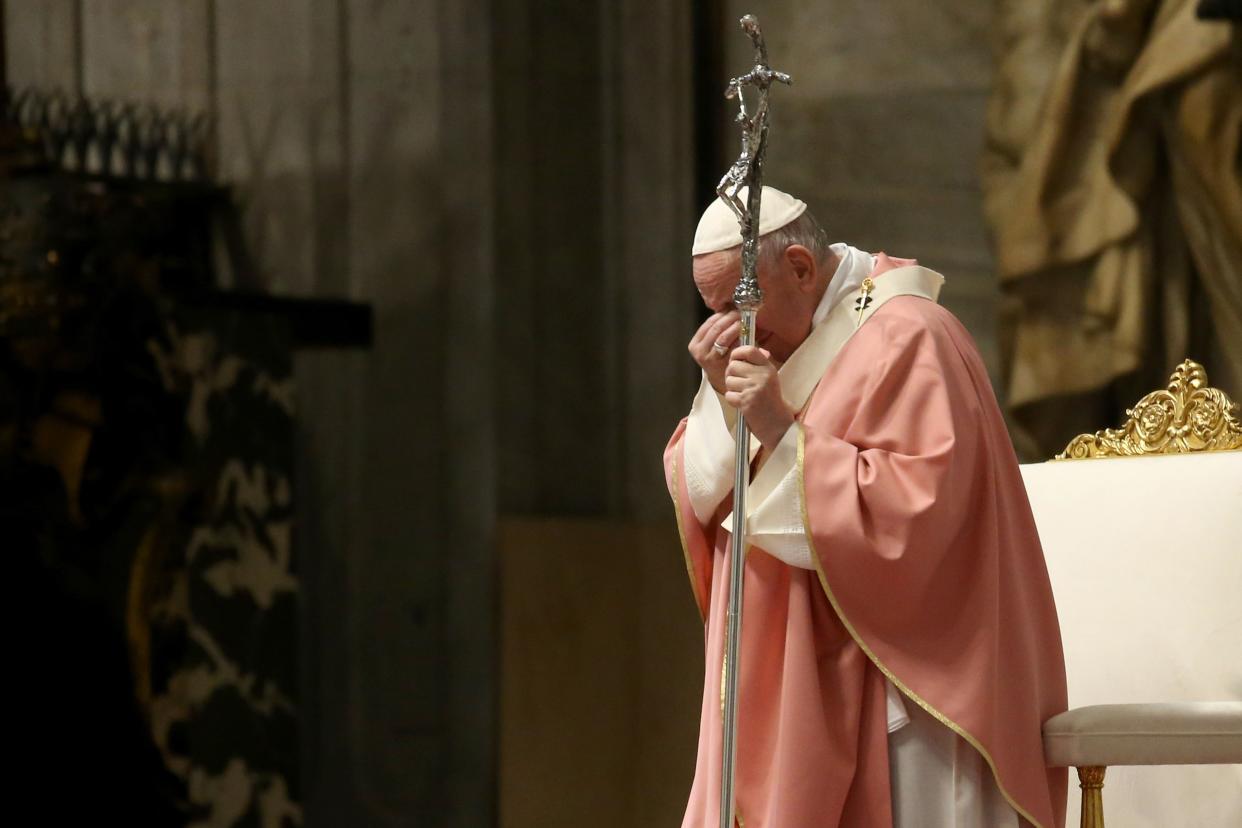 <p>Pope Francis attends a mass in St Peter’s Basilica on Sunday in the Vatican City</p> (Getty)