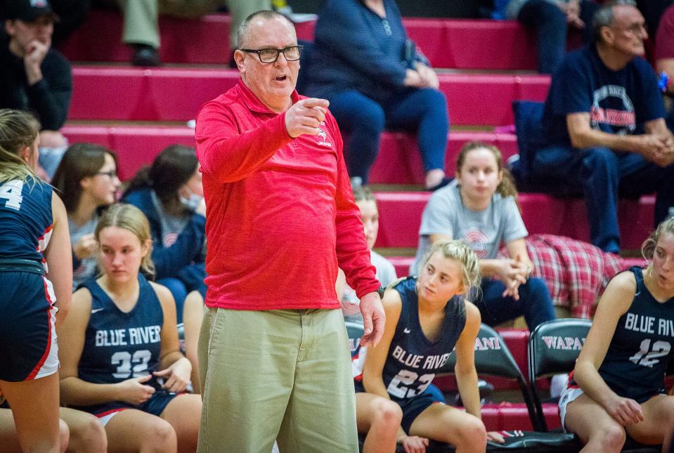 Blue River head coach Terry Bales coached his team to a 77-63 win at Wapahani High School Tuesday, Nov. 30, 2021.