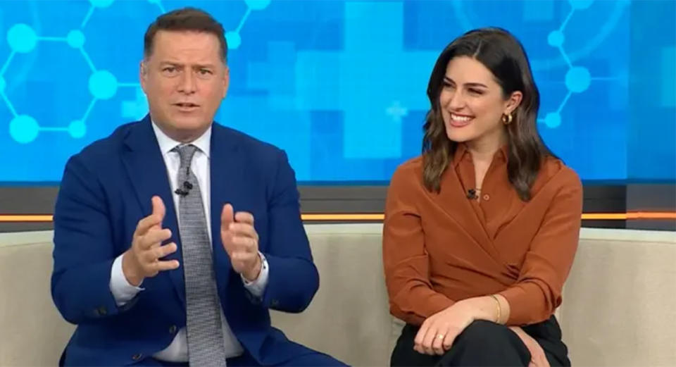 Karl Stefanovic and Sarah Abo sitting on the Today couch