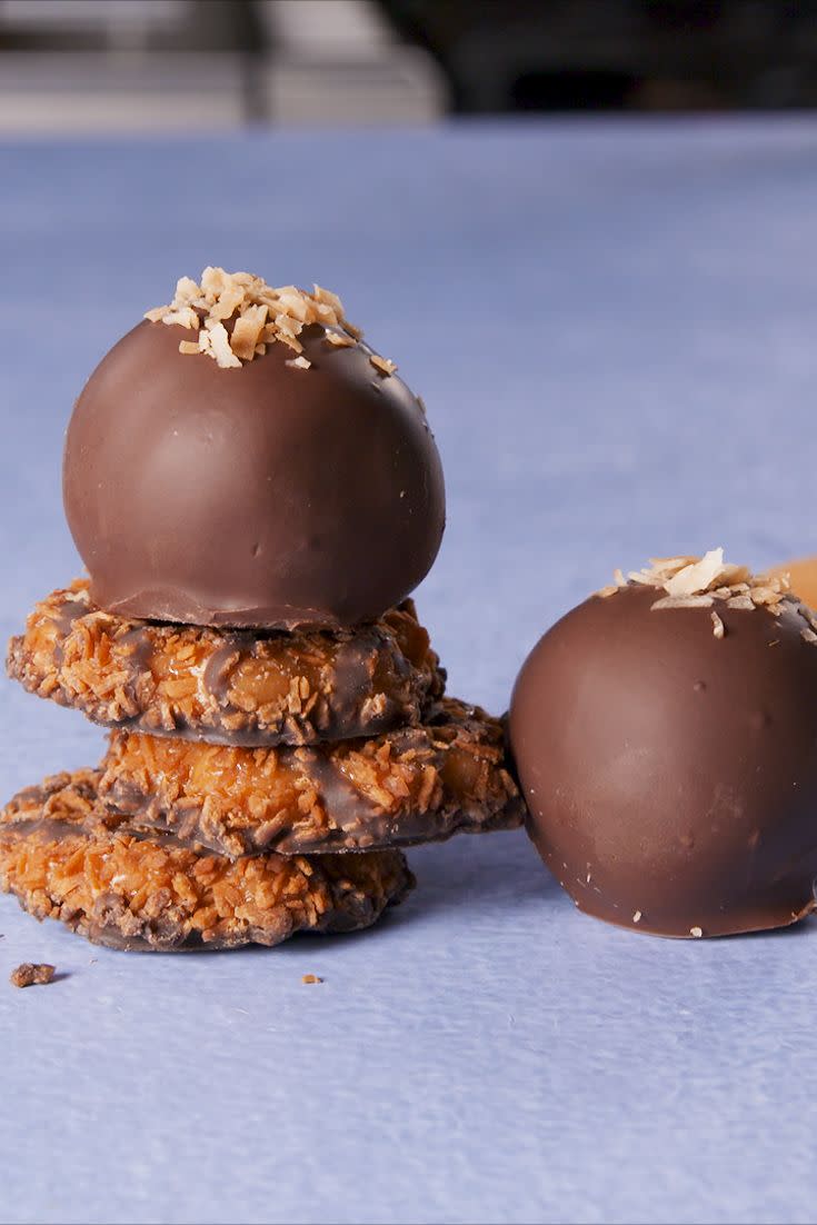 <p>The way more decadent way to eat your fave Girl Scout cookie.</p><p>Get the recipe from <a href="https://delish.com/cooking/recipe-ideas/recipes/a50375/samoa-truffles-recipe/" rel="nofollow noopener" target="_blank" data-ylk="slk:Delish;elm:context_link;itc:0;sec:content-canvas" class="link ">Delish</a>.</p>