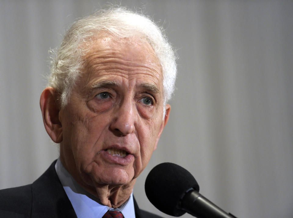 FILE - In this Dec. 16, 2010, file photo, Vietnam-era whistleblower Daniel Ellsberg speaks during a news conference at the National Press Club in Washington. The anonymous government official whose complaint has touched off the impeachment inquiry against President Donald Trump is part of a long tradition of whistleblowers in the U.S. The person has been linked to such figures of the past as Ellsberg, who spilled the secret Defense Department study known as the Pentagon Papers nearly 50 years ago. (AP Photo/Susan Walsh, File)