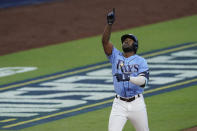 Tampa Bay Rays Randy Arozarena celebrates after hitting a solo home run against Houston Astros starting pitcher Framber Valdez during the fourth inning in Game 1 of a baseball American League Championship Series, Sunday, Oct. 11, 2020, in San Diego. (AP Photo/Ashley Landis)