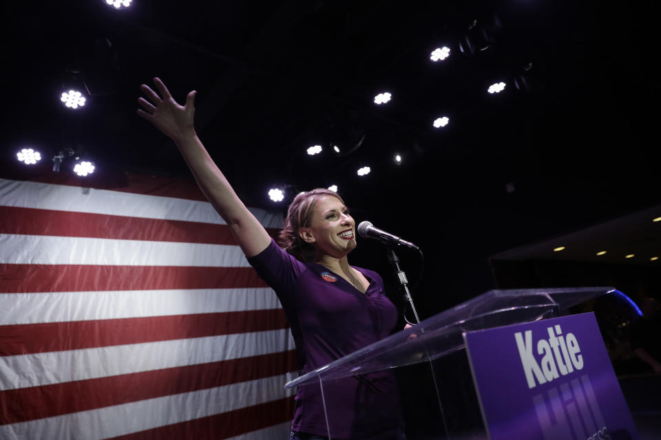 Katie Hill, a Democratic Party candidate from California's 25th congressional district speak waves at supporters during an election watch party Tuesday, Nov. 6, 2018, in Santa Clarita, Calif. Hill is running against Republican incumbent Steve Knight. (AP Photo/Marcio Jose Sanchez)