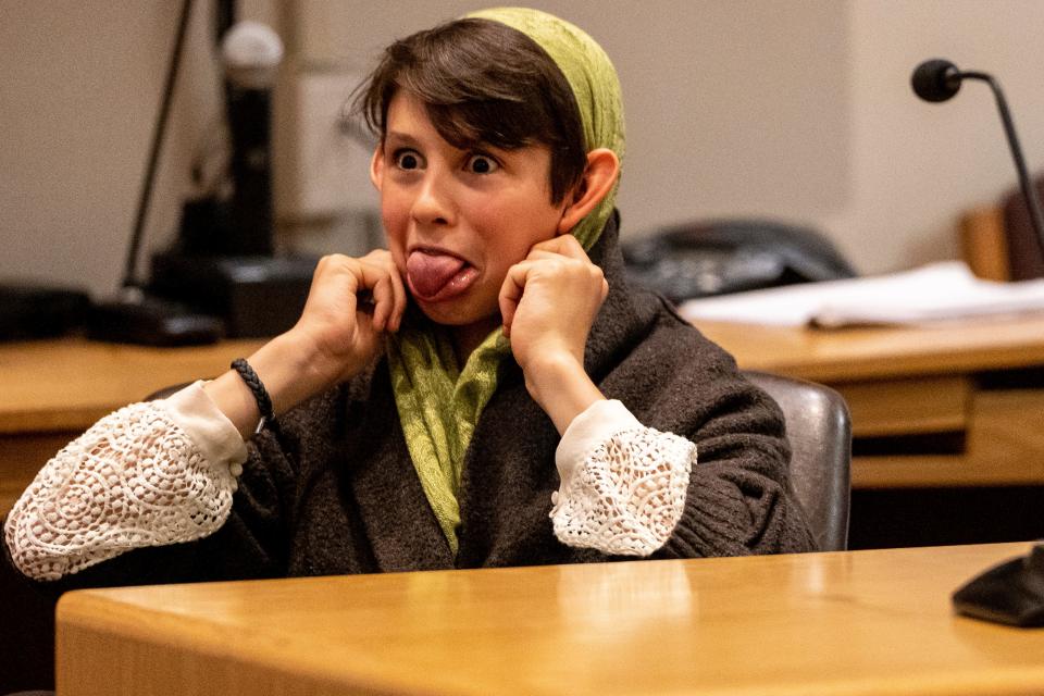 Jake Bonazzi, 11, gets into character as  Rumplestiltskin in Rumpelstiltskin vs. the Queen. Fairy Tale Trials explore moral dilemmas using children's stories. Shown in the Hawthorne municipal building on Saturday, May, 6, 2023.