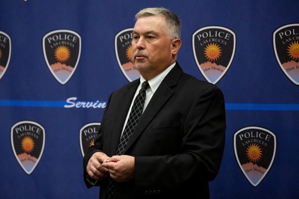 City of Las Cruces PIO Dan Trujillo holds a news conference to answer questions about an officer-involved shooting that occurred earlier that morning on Tuesday, Oct. 3, 2023, at Las Cruces City Hall.