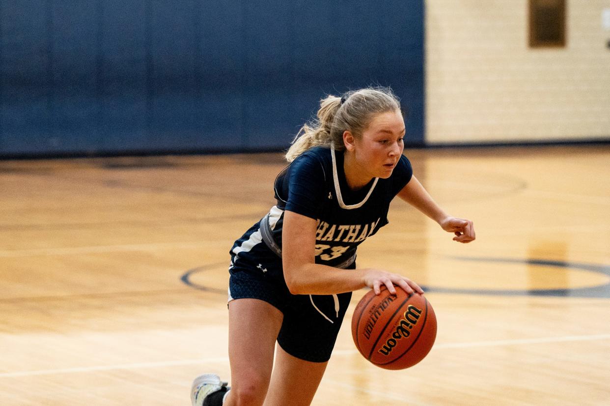 Jan 5, 2024; Chatham, NJ, USA; Chatham #33 Ella Kreuzer with the ball as Chatham hosts Morristown in NJAC-American girls basketball game at Chatham High School gym.