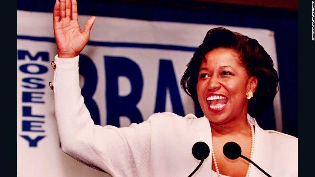 <p>CHICAGO, IL - NOVEMBER 3: US Senator-elect Carol Moseley Braun declares her victory as the first African-American woman elected to the US Senate 03 November 1992 in Chicago. (BRIAN BAHR/AFP/Getty Images)</p><div class="cnn--image__credit"><em><small>Credit: BRIAN BAHR/AFP/AFP/Getty Images / AFP/Getty Images</small></em></div>