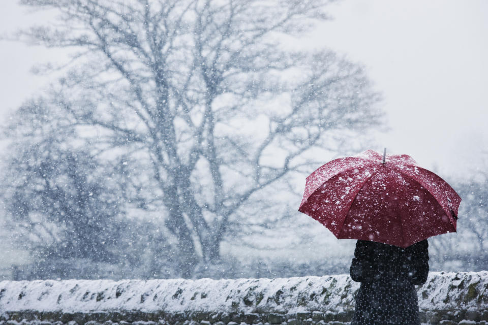 someone standing in a snow storm with a red umbrella