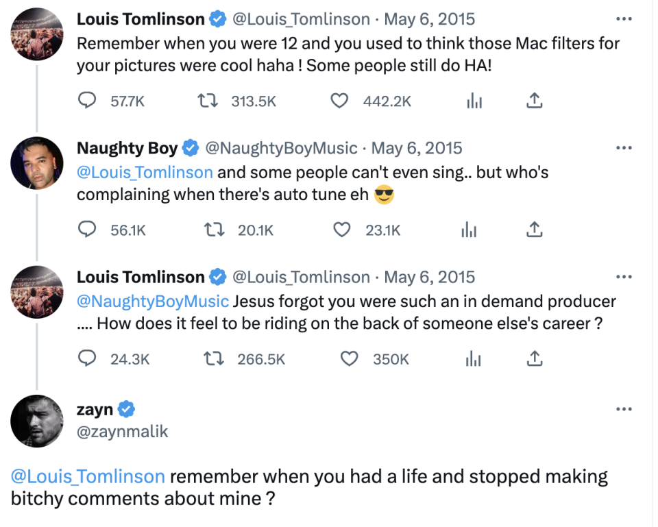 A screenshot of tweets exchanged between Louis Tomlinson, Naughty Boy, and Zayn Malik