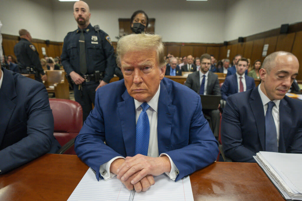 Former President Donald Trump appears in court during his trial for allegedly covering up hush money payments at Manhattan Criminal Court on May 20, 2024, in New York City. Trump faces 34 felony counts of falsifying business records in the first of his criminal cases to go to trial. (Photo by Steven Hirsch-Pool/Getty Images)
