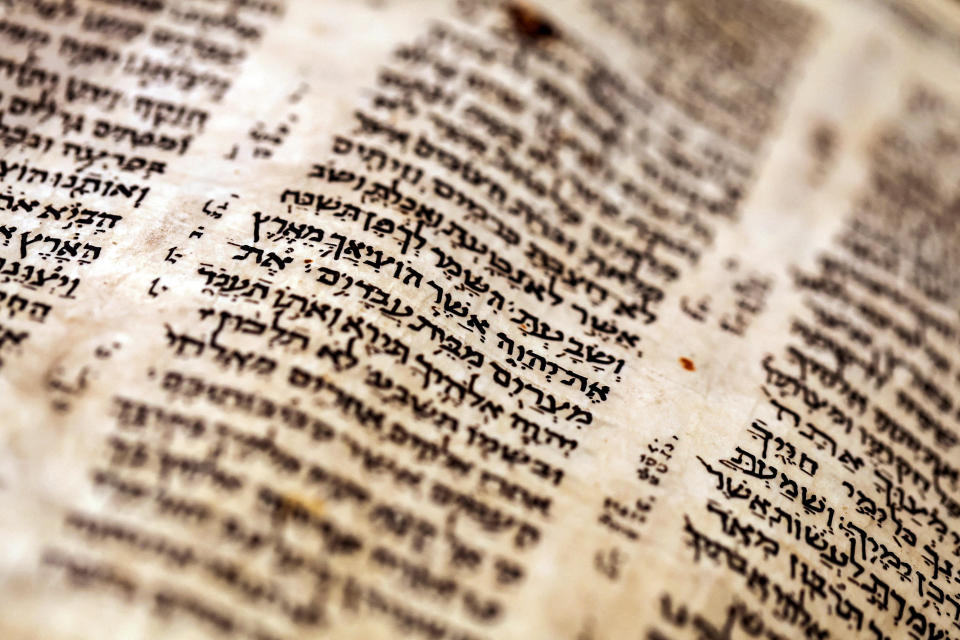 A closeup view of a page of the Codex Sassoon, the earliest and most complete Hebrew Bible ever discovered, seen on display at Tel Aviv University in Israel, March 22, 2023. / Credit: NIR ELIAS / REUTERS