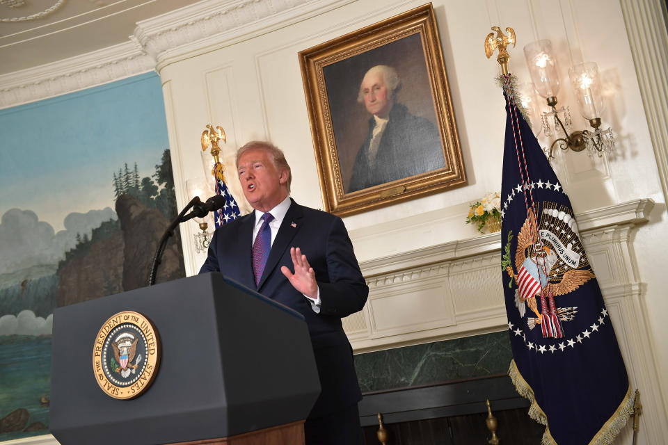 President Trump addresses the nation on the situation in Syria at the White House on April 13, 2018.