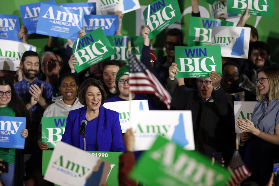 Democratic presidential candidate Sen. Amy Klobuchar, D-Minn., speaks at her election night party, Tuesday, Feb. 11, 2020, in Concord, N.H. (AP Photo/Robert F. Bukaty)